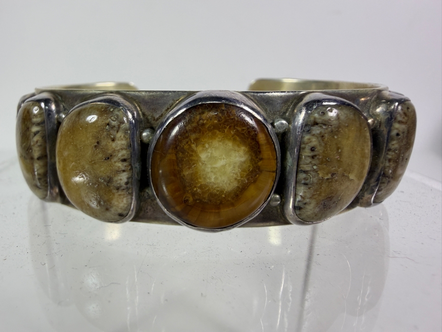 Vintage Native American Signed KA Sterling Silver Fossilized Walrus Ivory Row Cuff Bracelet 2.5'W 43.9g  [Photo 3]