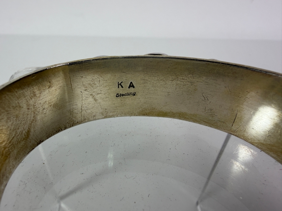 Vintage Native American Signed KA Sterling Silver Fossilized Walrus Ivory Row Cuff Bracelet 2.5'W 43.9g  [Photo 6]