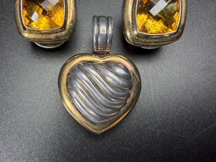 David Yurman Sterling Silver 18K Yellow Gold Cushion Cut Citrine Earrings And Cable Heart Pendant Jewelry Set 30.8g Estimate $650 - $1,100 [Photo 4]