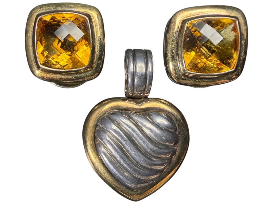 David Yurman Sterling Silver 18K Yellow Gold Cushion Cut Citrine Earrings And Cable Heart Pendant Jewelry Set 30.8g Estimate $650 - $1,100
