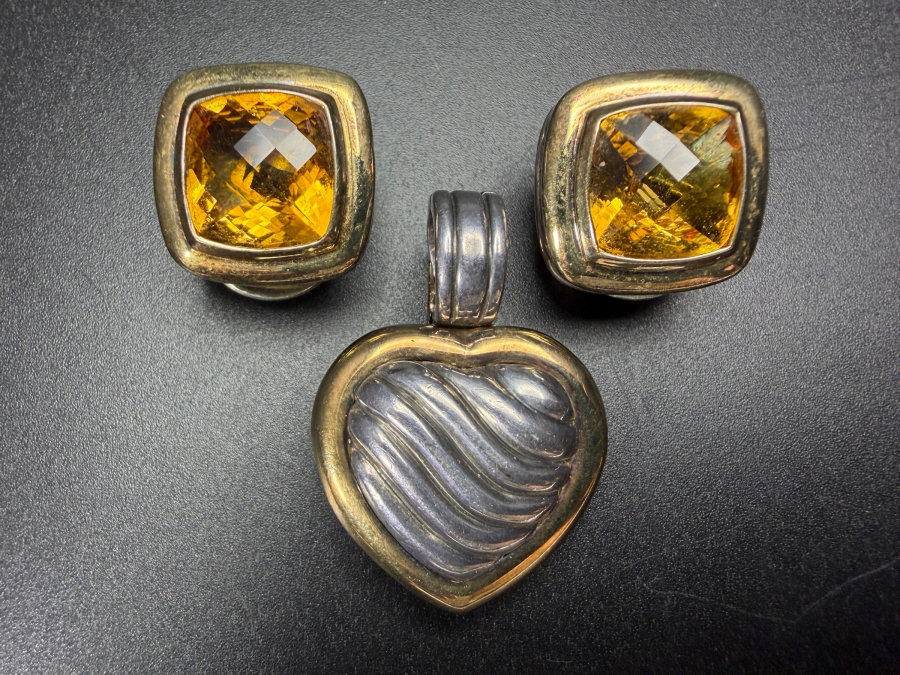 David Yurman Sterling Silver 18K Yellow Gold Cushion Cut Citrine Earrings And Cable Heart Pendant Jewelry Set 30.8g Estimate $650 - $1,100 [Photo 2]