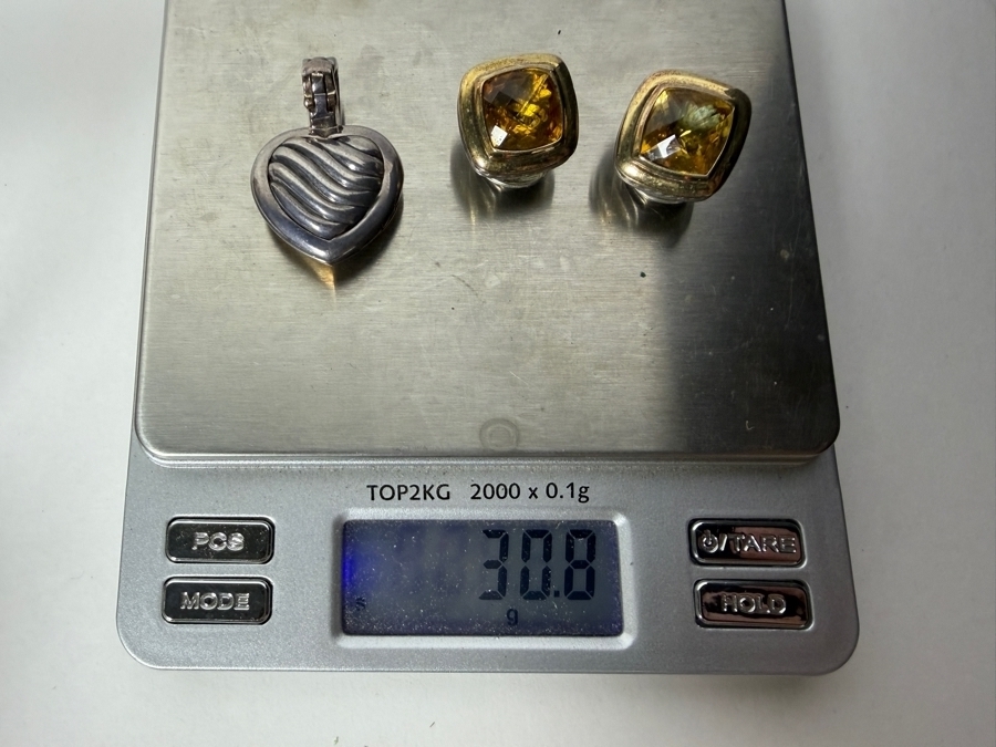 David Yurman Sterling Silver 18K Yellow Gold Cushion Cut Citrine Earrings And Cable Heart Pendant Jewelry Set 30.8g Estimate $650 - $1,100 [Photo 10]