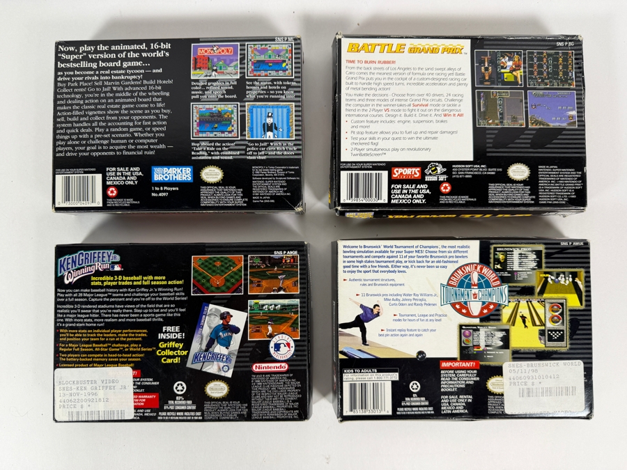Lot Of 4 Assorted Vintage Super Nintendo Entertainment System SNES Games Complete In Box Including Monopoly, Battle Grand Prix, Ken Griffey Jr., And Brunswick Bowling. Estimate $95 - $155 [Photo 6]