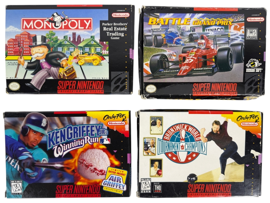 Lot Of 4 Assorted Vintage Super Nintendo Entertainment System SNES Games Complete In Box Including Monopoly, Battle Grand Prix, Ken Griffey Jr., And Brunswick Bowling. Estimate $95 - $155