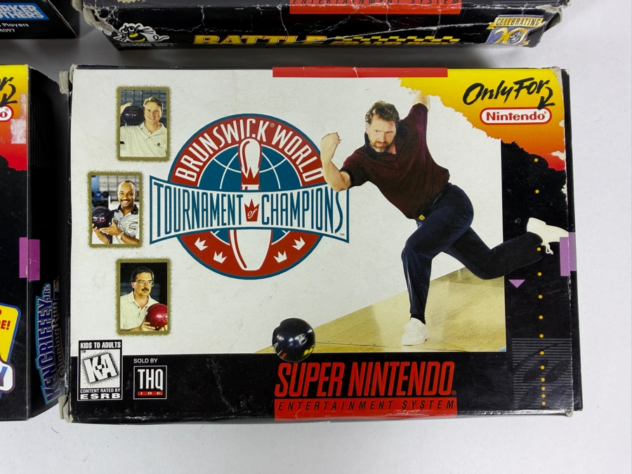 Lot Of 4 Assorted Vintage Super Nintendo Entertainment System SNES Games Complete In Box Including Monopoly, Battle Grand Prix, Ken Griffey Jr., And Brunswick Bowling. Estimate $95 - $155 [Photo 4]