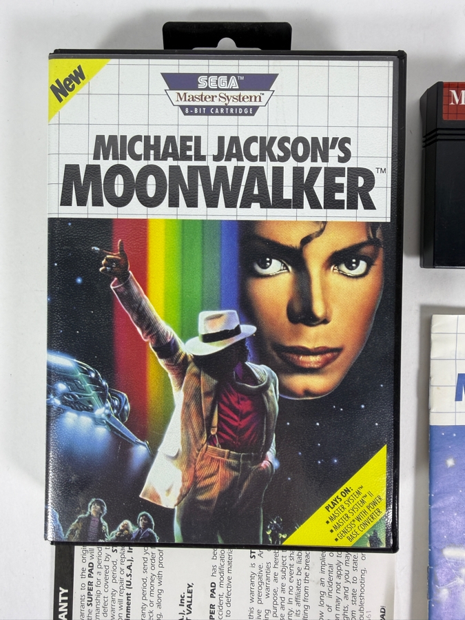 Vintage Michael Jackson's Moonwalker Complete In Box CIB Video Game For Sega Master System 8-Bit Console With Original Box Manual Cartridge. Estimate $115 - $195 [Photo 2]
