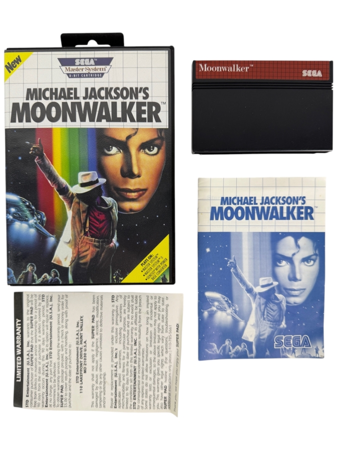 Vintage Michael Jackson's Moonwalker Complete In Box CIB Video Game For Sega Master System 8-Bit Console With Original Box Manual Cartridge. Estimate $115 - $195