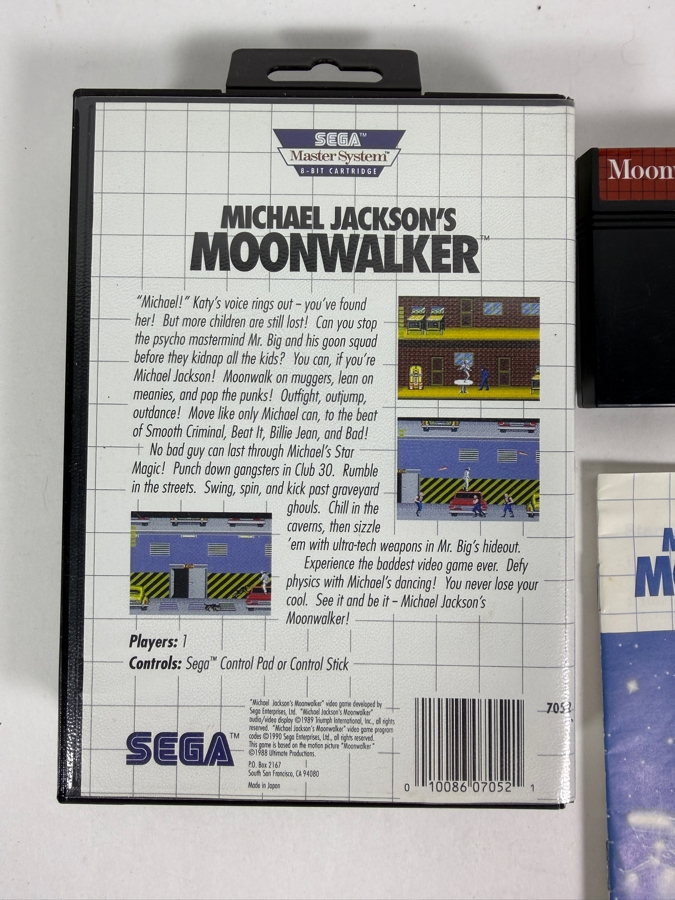 Vintage Michael Jackson's Moonwalker Complete In Box CIB Video Game For Sega Master System 8-Bit Console With Original Box Manual Cartridge. Estimate $115 - $195 [Photo 6]