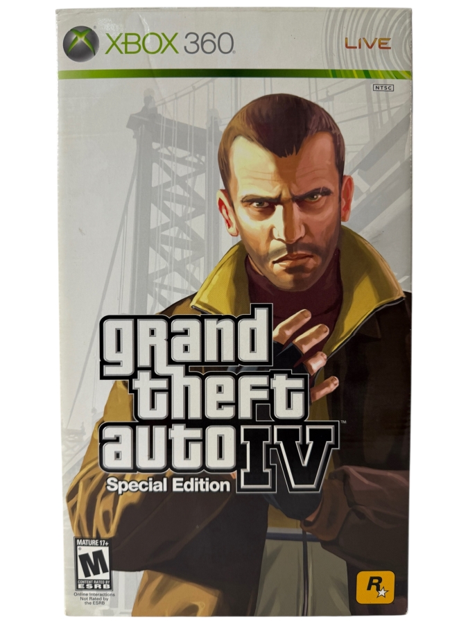 Grand Theft Auto IV Special Edition Video Game For Microsoft Xbox 360 Console Featuring Outer Cardboard Sleeve Package Cover, In Box. Estimate $170 - $245