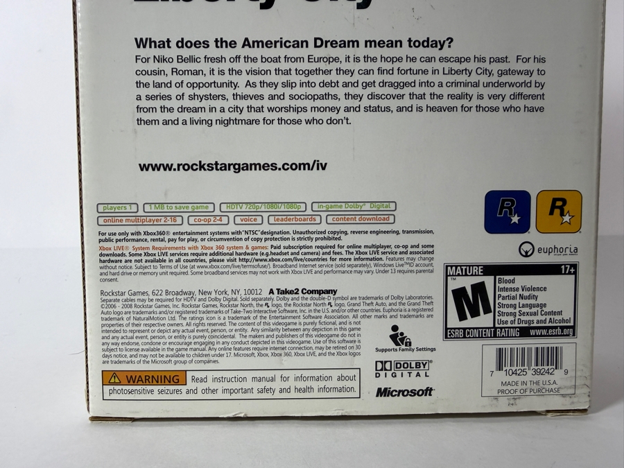 Grand Theft Auto IV Special Edition Video Game For Microsoft Xbox 360 Console Featuring Outer Cardboard Sleeve Package Cover, In Box. Estimate $170 - $245 [Photo 4]