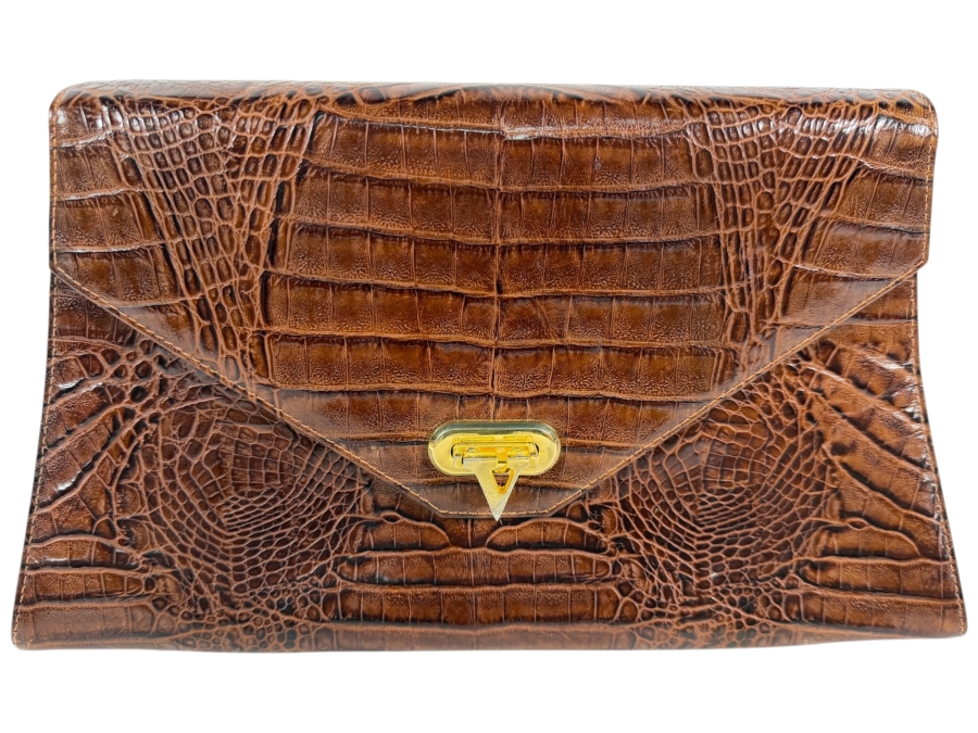 Valentino Garavani Vintage Brown Croc-Embossed Leather Envelope Flap Clutch Bag With Gold-Tone V Turn-Lock Clasp 12W