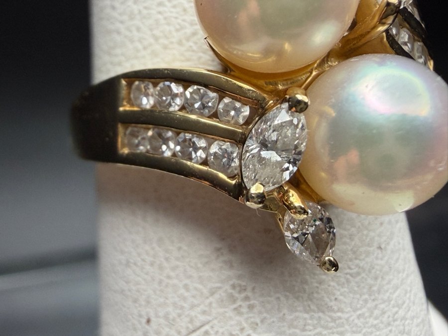 Stunning 14k Gold Ring Set with Cultured Pearls and Marquise and Channel Set Diamonds Size 7 5.4g Estimate $1,500 - $2,200 [Photo 3]