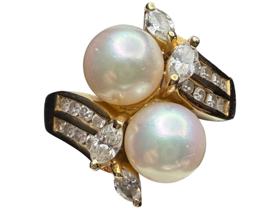 Stunning 14k Gold Ring Set with Cultured Pearls and Marquise and Channel Set Diamonds Size 7 5.4g Estimate $1,500 - $2,200
