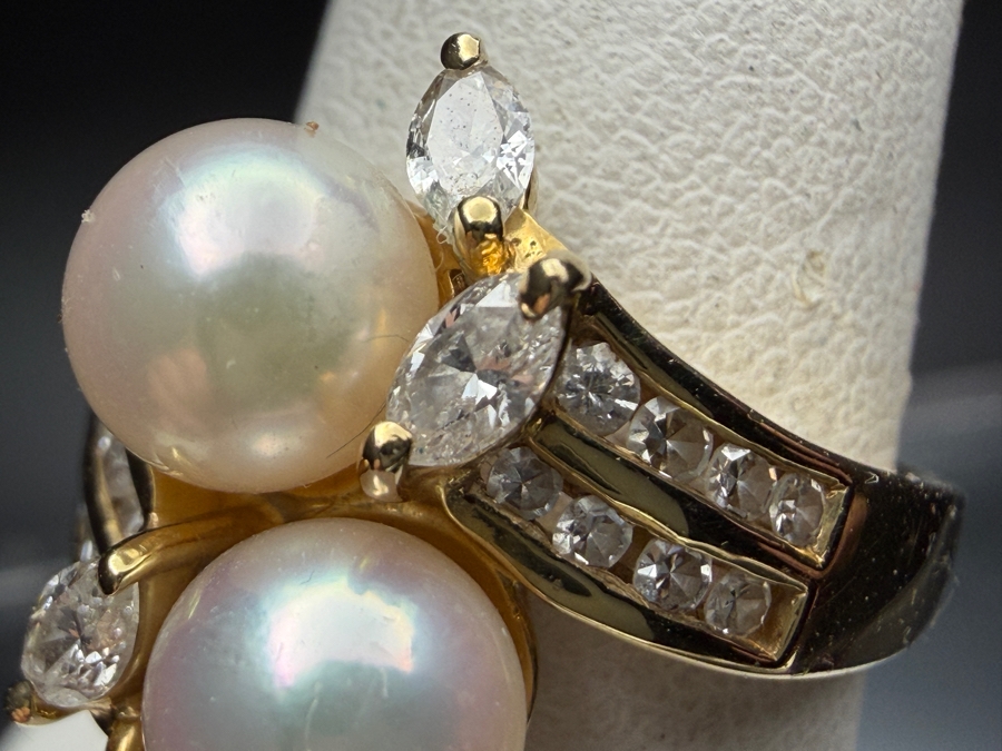 Stunning 14k Gold Ring Set with Cultured Pearls and Marquise and Channel Set Diamonds Size 7 5.4g Estimate $1,500 - $2,200 [Photo 5]