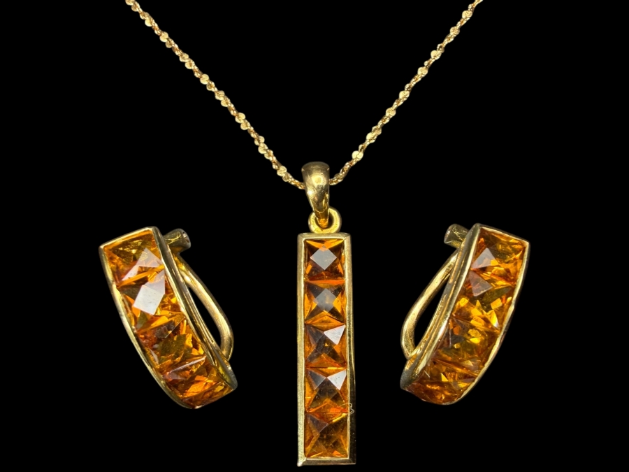 18k Gold 16' Chain Necklace 1.5g with 14k Gold Modernist Channel Set Pyramid Cut Citrine Quartz Pendant and Matching Earrings Set 6.5g - Total Weight 8g