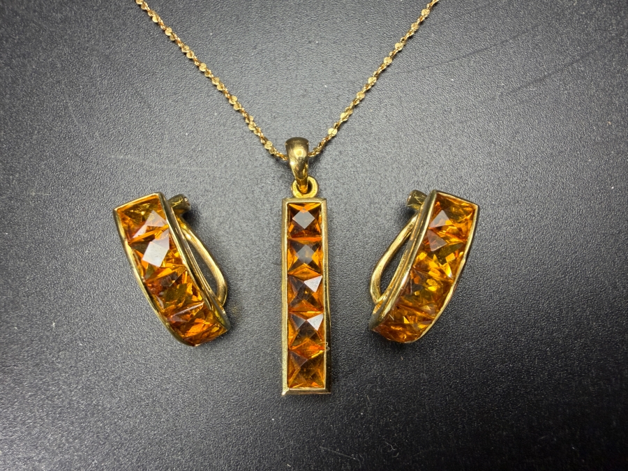 18k Gold 16' Chain Necklace 1.5g with 14k Gold Modernist Channel Set Pyramid Cut Citrine Quartz Pendant and Matching Earrings Set 6.5g - Total Weight 8g [Photo 2]