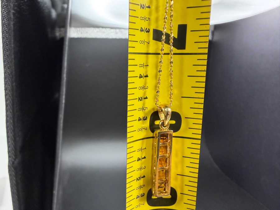 18k Gold 16' Chain Necklace 1.5g with 14k Gold Modernist Channel Set Pyramid Cut Citrine Quartz Pendant and Matching Earrings Set 6.5g - Total Weight 8g [Photo 12]