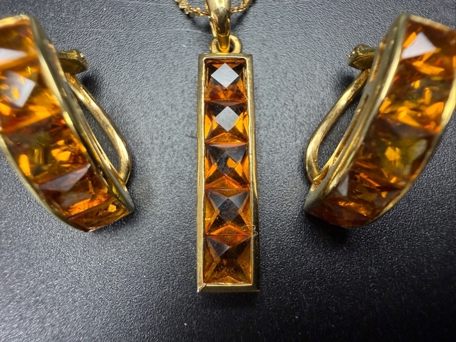 18k Gold 16' Chain Necklace 1.5g with 14k Gold Modernist Channel Set Pyramid Cut Citrine Quartz Pendant and Matching Earrings Set 6.5g - Total Weight 8g [Photo 6]