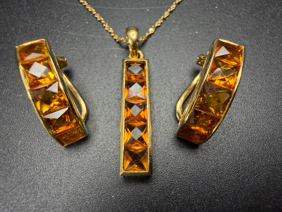 18k Gold 16' Chain Necklace 1.5g with 14k Gold Modernist Channel Set Pyramid Cut Citrine Quartz Pendant and Matching Earrings Set 6.5g - Total Weight 8g [Photo 5]