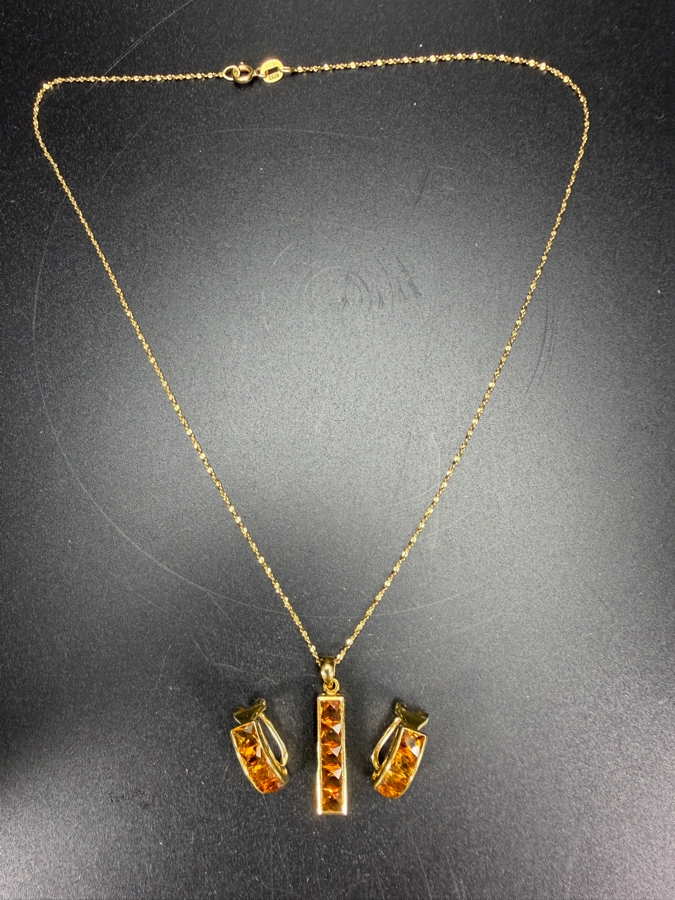 18k Gold 16' Chain Necklace 1.5g with 14k Gold Modernist Channel Set Pyramid Cut Citrine Quartz Pendant and Matching Earrings Set 6.5g - Total Weight 8g [Photo 7]