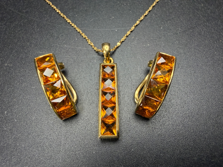 18k Gold 16' Chain Necklace 1.5g with 14k Gold Modernist Channel Set Pyramid Cut Citrine Quartz Pendant and Matching Earrings Set 6.5g - Total Weight 8g [Photo 4]