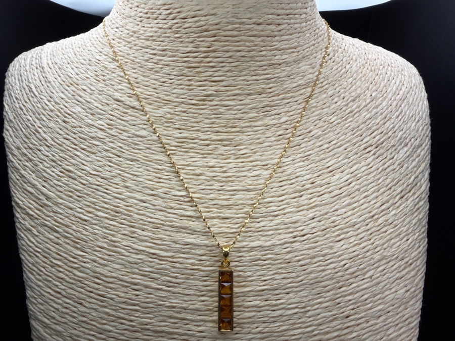 18k Gold 16' Chain Necklace 1.5g with 14k Gold Modernist Channel Set Pyramid Cut Citrine Quartz Pendant and Matching Earrings Set 6.5g - Total Weight 8g [Photo 11]