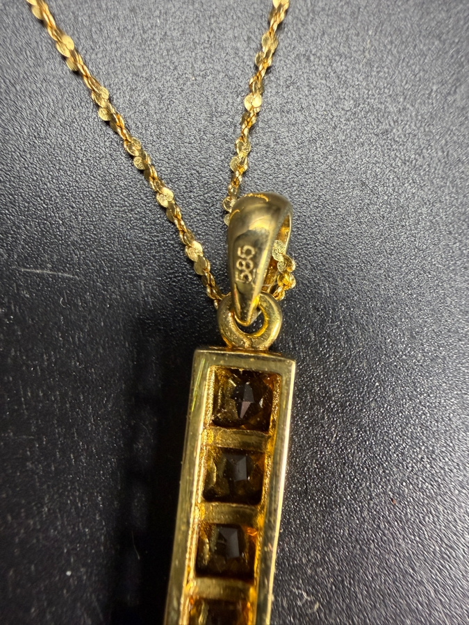 18k Gold 16' Chain Necklace 1.5g with 14k Gold Modernist Channel Set Pyramid Cut Citrine Quartz Pendant and Matching Earrings Set 6.5g - Total Weight 8g [Photo 8]