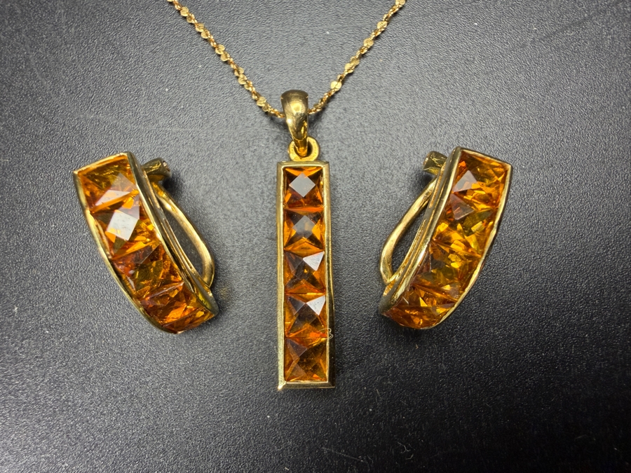 18k Gold 16' Chain Necklace 1.5g with 14k Gold Modernist Channel Set Pyramid Cut Citrine Quartz Pendant and Matching Earrings Set 6.5g - Total Weight 8g [Photo 3]