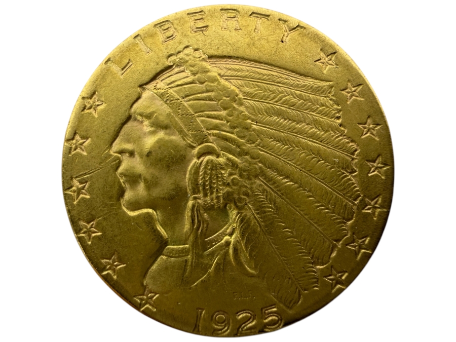 1925-D United States Indian Head Gold Quarter Eagle Two And A Half Dollar Coin Denver Mint Incuse Sunken Relief Design Pre-1933 Bullion Piece Estimate $650 - $950