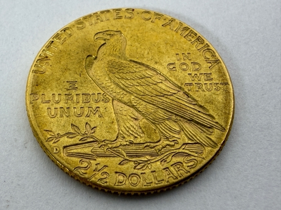 1925-D United States Indian Head Gold Quarter Eagle Two And A Half Dollar Coin Denver Mint Incuse Sunken Relief Design Pre-1933 Bullion Piece Estimate $650 - $950 [Photo 3]