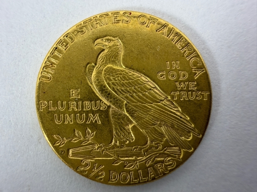 1925-D United States Indian Head Gold Quarter Eagle Two And A Half Dollar Coin Denver Mint Incuse Sunken Relief Design Pre-1933 Bullion Piece Estimate $650 - $950 [Photo 2]