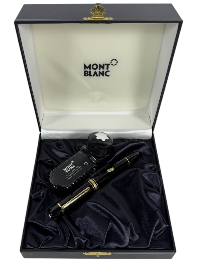 Montblanc Meisterstück 149 Fountain Pen Set Black Precious Resin Gold Plated Trim 18K Two Tone Gold Nib 4810 With Ink Bottle Service Guide Manual In Original Presentation Gift Box Estimate $400 - $650