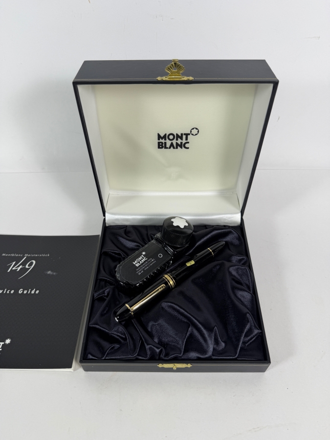 Montblanc Meisterstück 149 Fountain Pen Set Black Precious Resin Gold Plated Trim 18K Two Tone Gold Nib 4810 With Ink Bottle Service Guide Manual In Original Presentation Gift Box Estimate $400 - $650 [Photo 2]