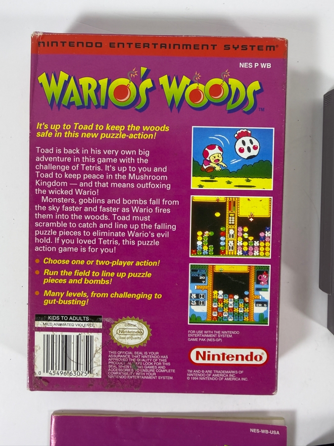 Wario's Woods Nintendo NES Complete In Box CIB With Manual And Dust Sleeve Estimate $90 - $140 [Photo 3]