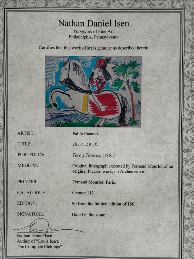 Pablo Picasso Toros Y Toreros 10.3.59 X Jacqueline On Horse Original Lithograph Printed By Fernand Mourlot Numbered 90/150 14.5' X 10' Framed 29' X 25.5' Estimate $800 - $1,500 [Photo 11]