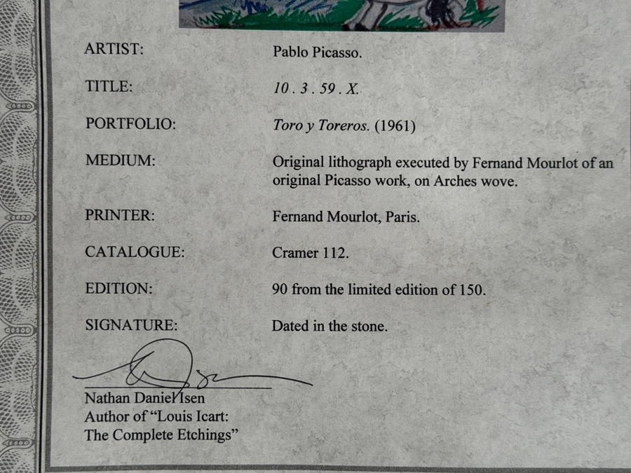 Pablo Picasso Toros Y Toreros 10.3.59 X Jacqueline On Horse Original Lithograph Printed By Fernand Mourlot Numbered 90/150 14.5' X 10' Framed 29' X 25.5' Estimate $800 - $1,500 [Photo 12]