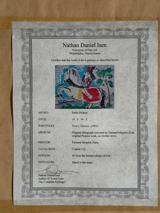 Pablo Picasso Toros Y Toreros 10.3.59 X Jacqueline On Horse Original Lithograph Printed By Fernand Mourlot Numbered 90/150 14.5' X 10' Framed 29' X 25.5' Estimate $800 - $1,500 [Photo 10]