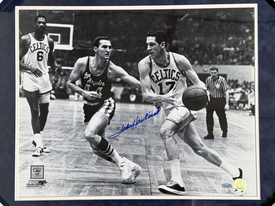 John Havlicek Drives Past Jerry West Signed 16x20 Photo Framed Steiner COA Estimate $150 - $250