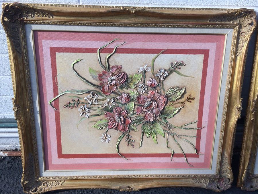 (2) Original Framed Bas Relief Floral Paintings - Local Artist [Photo 1]