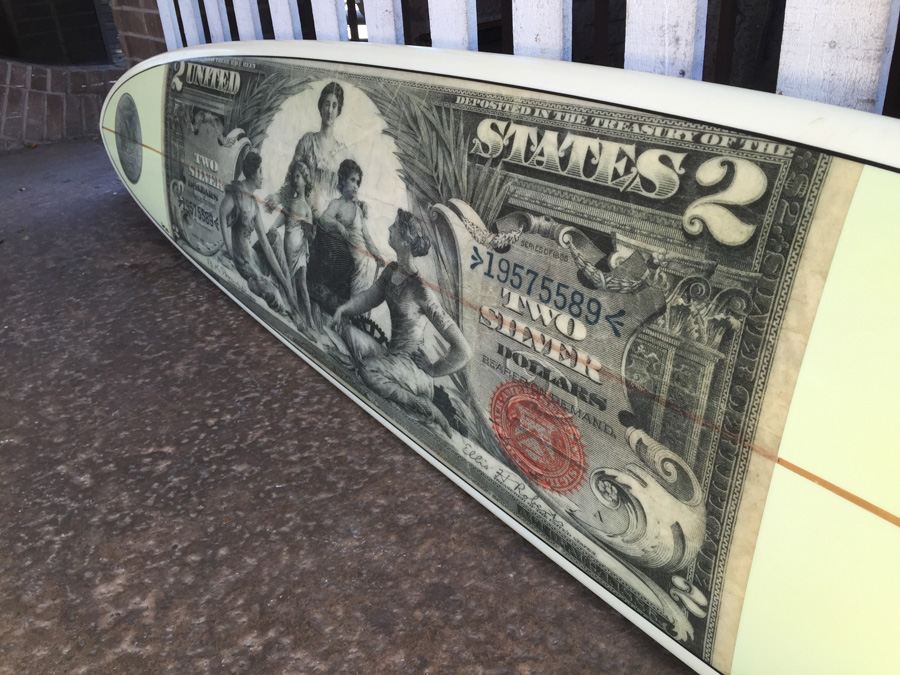 Unique Surfboard With Two Silver Dollar Bill And Silver Coin Graphics Display Piece [Photo 15]