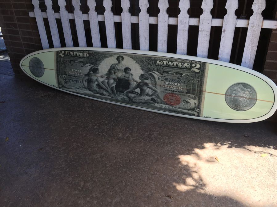 Unique Surfboard With Two Silver Dollar Bill And Silver Coin Graphics Display Piece