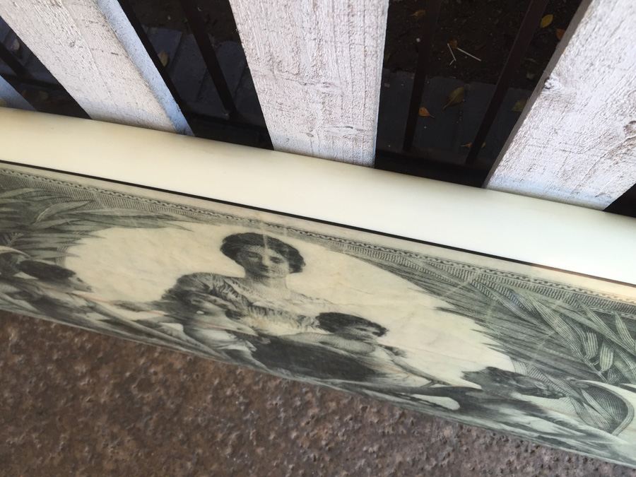 Unique Surfboard With Two Silver Dollar Bill And Silver Coin Graphics Display Piece [Photo 19]