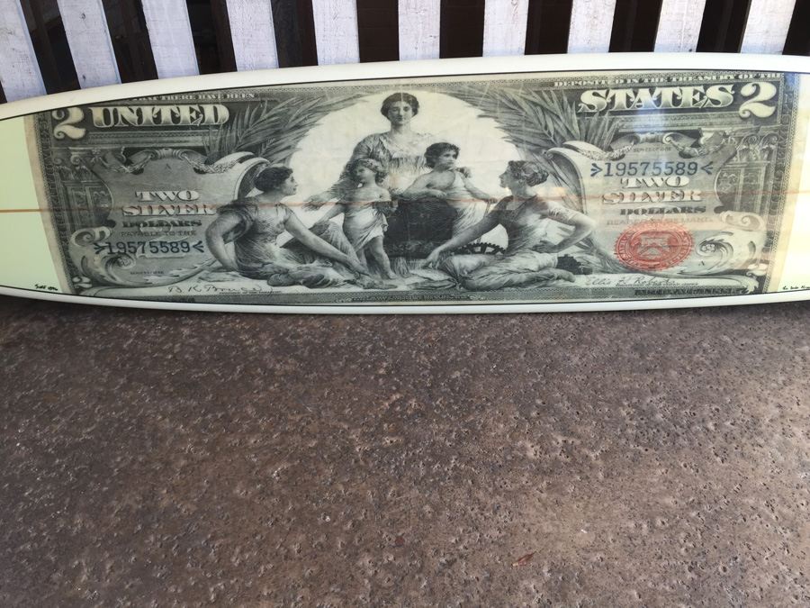 Unique Surfboard With Two Silver Dollar Bill And Silver Coin Graphics Display Piece [Photo 4]
