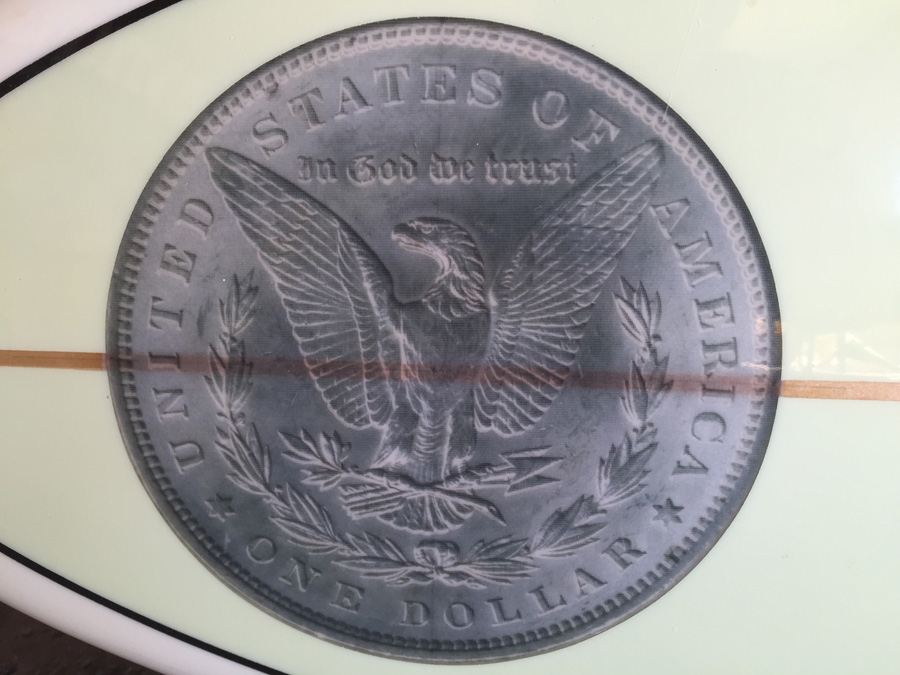 Unique Surfboard With Two Silver Dollar Bill And Silver Coin Graphics Display Piece [Photo 12]
