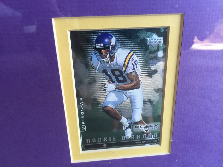 Randy Moss Framed And Signed Purple Minnesota Vikings Jersey And Rookie Football Cards (One Card Signed) [Photo 11]