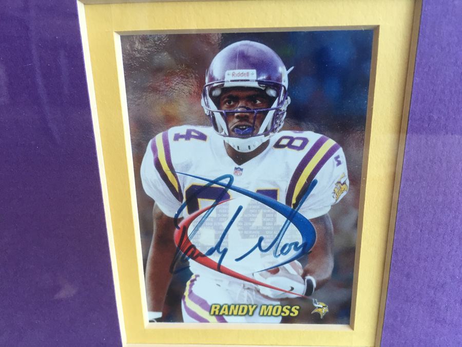 Randy Moss Framed And Signed Purple Minnesota Vikings Jersey And Rookie Football Cards (One Card Signed) [Photo 3]