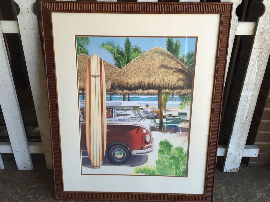 VW Bus And Surfboard Nicely Framed Decorative Print