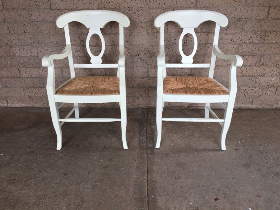 Pair Of White Pottery Barn Napoleon Rush Seat Chairs Made In Italy