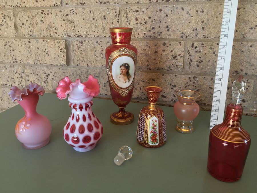 Pink Glass Vase And Bottle Lot - Beautifully Hand Painted [Photo 38]