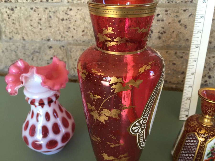 Pink Glass Vase And Bottle Lot - Beautifully Hand Painted [Photo 7]